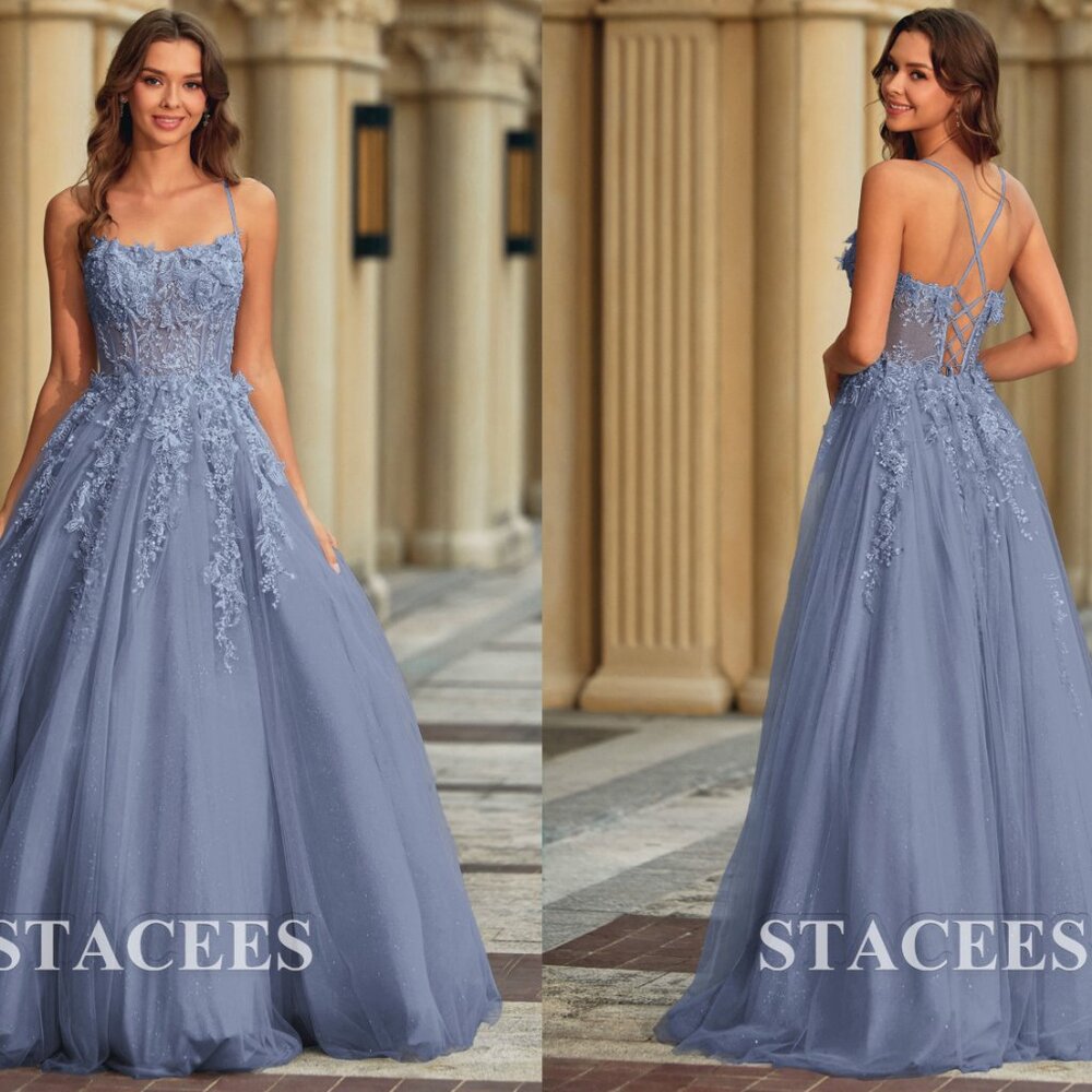 A-line Glitter Tulle Ball Gown Prom Dress with Lace Applique Sheer Corset